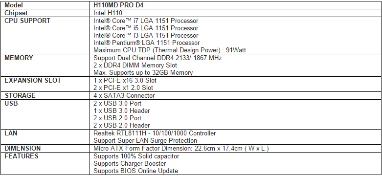 BIOSTAR H110MD PRO D4 Motherboard Specifications