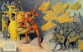 "The Yellow Press", by L. M. Glackens, portrays William Randolph Hearst as a jester distributing sensational stories.