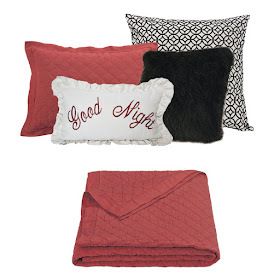 red diamond linen quilt and pillow sham, black mink faux fur pillow, Augusta Euro Sham, Good Night decoratve pillow from HiEnd Accents Bedding