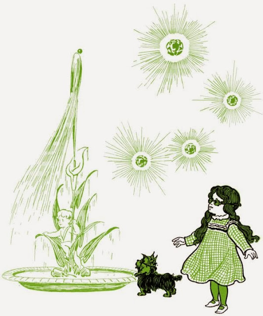 Dorothy and Toto look at the fountain, shaped like a cherub holding a lily.