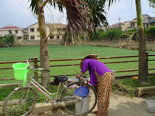 Vietnamese woman on a bicycle with Vietnamese Hat