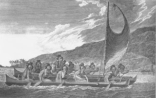 'Priests traveling across Kealakekua bay for first contact rituals'.Grabado de John Weber, artista genial a bordo de la tripulación del Capitán Cook. Tomado de 'Hawai`i Looking Back: An illustrated History of the Islands' de Glenn Grant