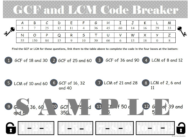 GCF and LCM Worksheet Puzzle ~ TenTors Math Teacher Resources