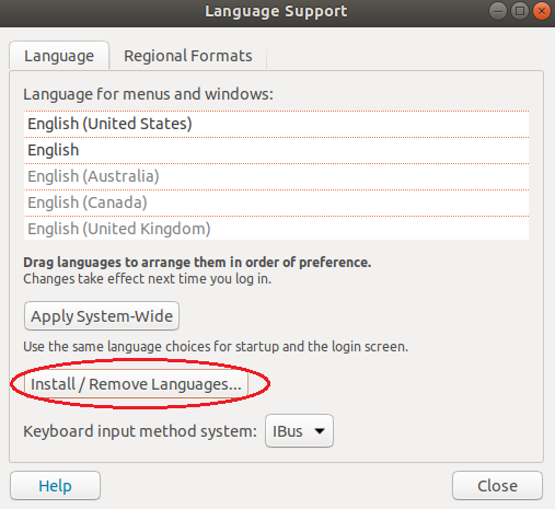 Ubuntu 18.04:Language Support / Language 画面でInstall/Remove Languagesをクリック