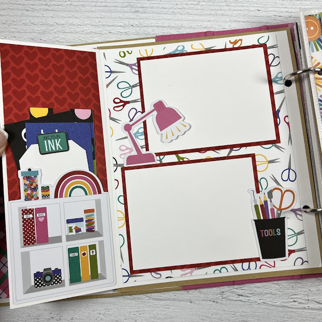 Crafty Friends scrapbook album page with scissors, other crafting supplies, and hearts