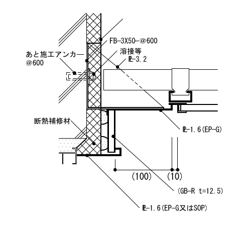 3-32-6　鋼製受け板（サッシ枠と天井に差あり、躯体アンカー）