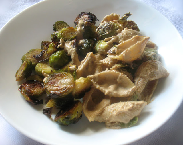 Creamy Vegan Cashew Alfredo Sauce with Crispy Roasted Brussels and Shell Pasta