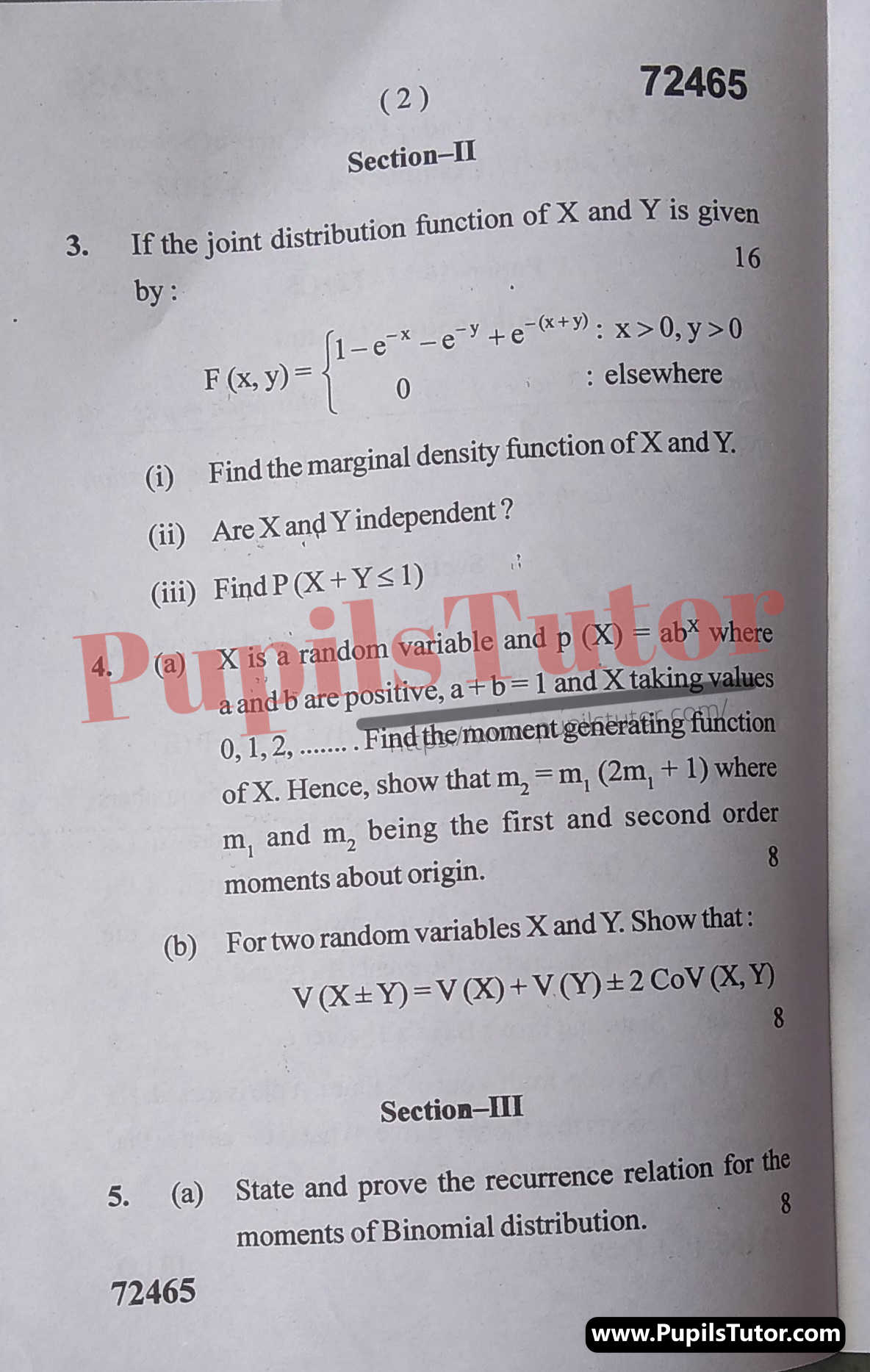 M.D. University M.Sc. [Mathematics] Mathematics Statistics First Semester Important Question Answer And Solution - www.pupilstutor.com (Paper Page Number 2)