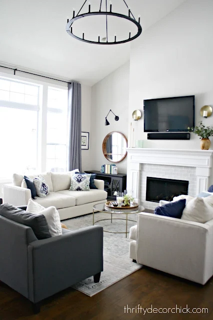 Tall fireplace in family room 