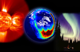 composite image of the sun, coronal mass ejection, the Earth's magnetic field and the northern lights