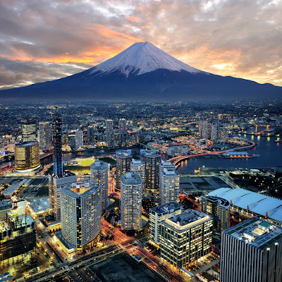 ancient mt fuji over modern japan