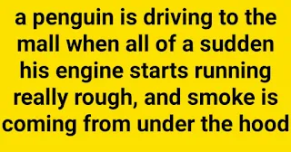 Funnygrannies.blogspot.com A penguin is driving to the mall when all of a sudden his engine starts running really rough, and smoke is coming from under the hood