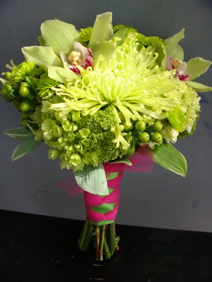 Bridesmaids carried an assortment of lime green flowers