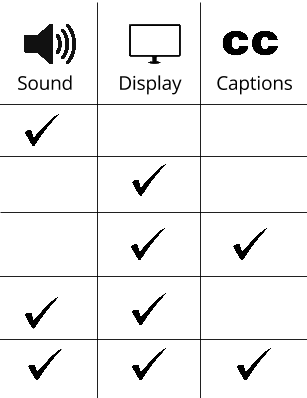 Chart with Sound, Display and Captions at the top and checkboxes with the variations in which you can watch a video. sound only, display only, display & captions only, display & sound only, display, sound & captions.