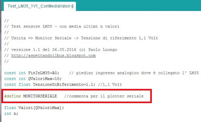 Fig. 5 - Il nuovo sketch per LM35 ed il monitor seriale di Paolo Luongo