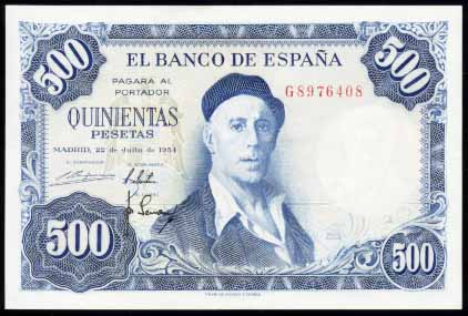 Billete de 500 pesetas (tirada de 1954)