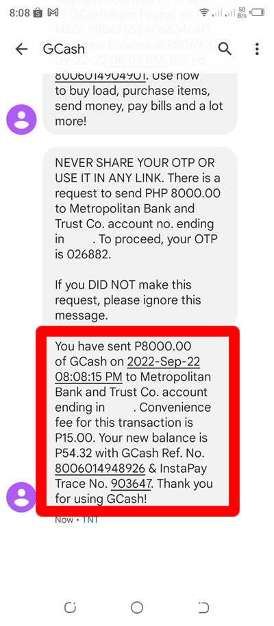 gcash sms sent money to bank