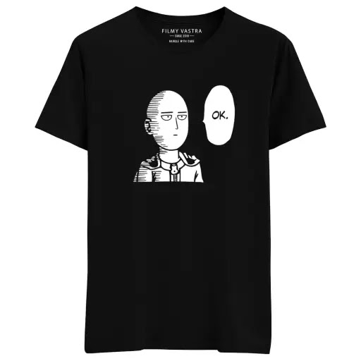 Filmy Vastra Unisex One Punch Man Black Anime 100% Cotton Tshirt. One punch man anime T-shirt. One punch man ok meme t-shirt.