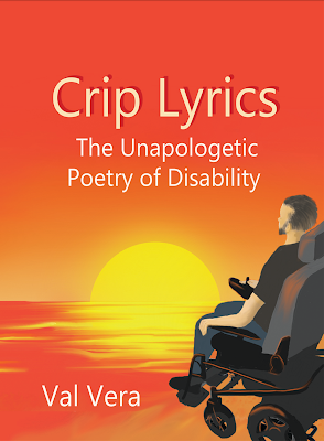 Image: A man in a black T-shirt and gray pants faces an orange sunset across the water. He is in a power wheelchair and has his hand on the joystick. He has black hair and facial hair. The title of the book is above the sun in the sky and the poet's name is on the bottom left of the image.