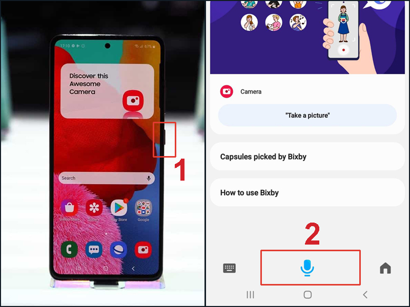 Nhấn giữ nút nguồn để kích hoạt trợ lý ảo Bixby sử dụng cho chế độ TalkBack