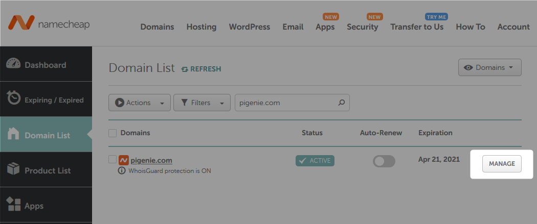 Domain Manage Option in Namecheap