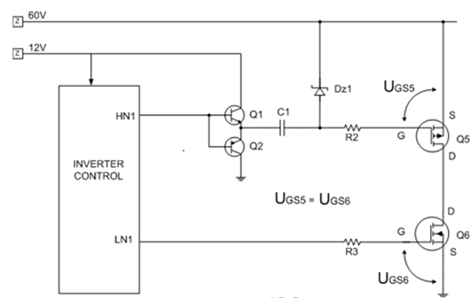 Chức năng của cặp C1 và Dz1 là tạo ra điện áp phân cực cho đèn Q5 (Mosfet thuận) có điện áp UGS  tương đương với UGS của đèn Q6.