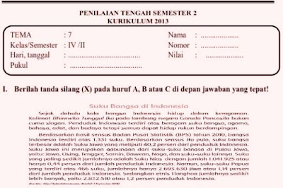  dan UTS dilakukan dengan pendekatan tematik Soal UTS Semester 2 Kelas 4 Kurikulum 2013