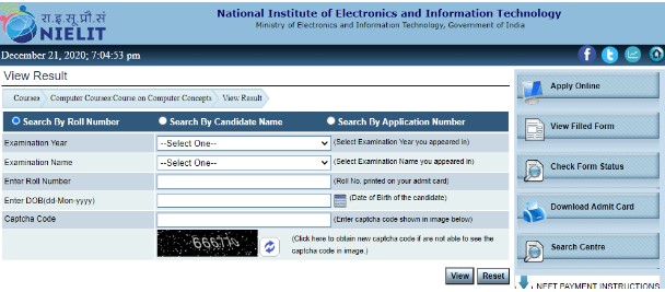 NIELIT CCC Result - Search By Roll Number