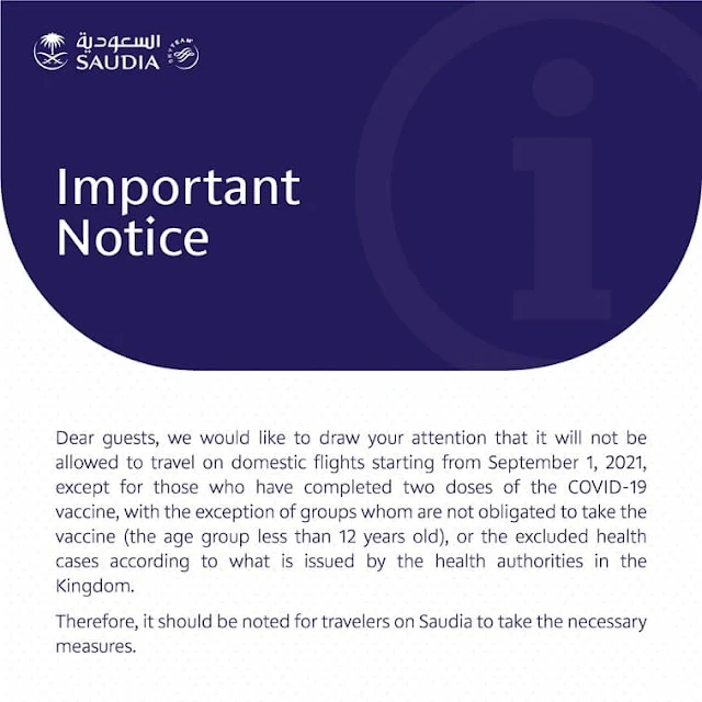 Saudi Airlines to allow only Fully vaccinated passengers on board of Domestic Flights from 1st September - Saudi-Expatriates.com