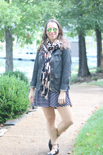 topshop ghillie lace up flats j.crew field jacket leopard scarf stripe dress ray ban round mirrored