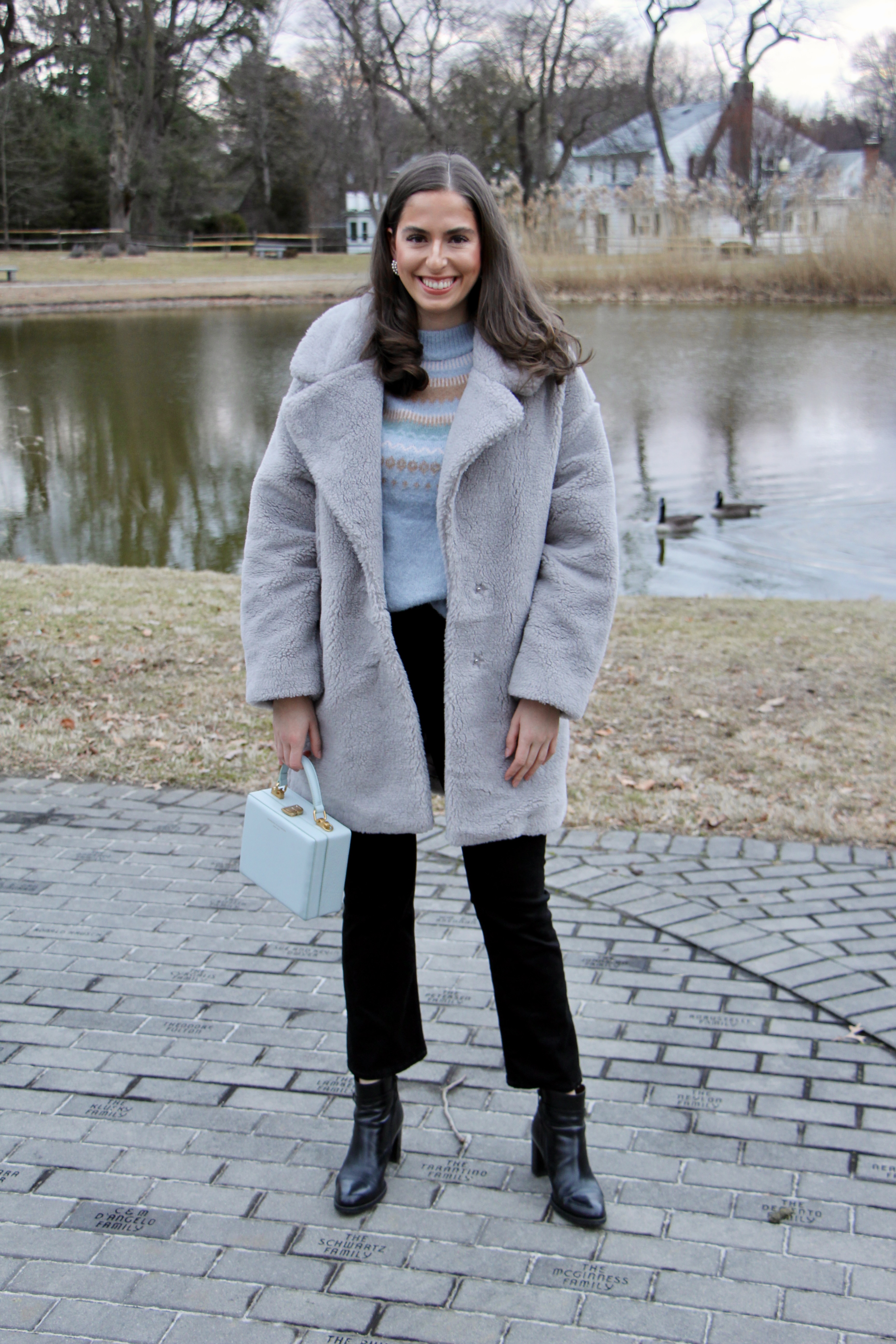 winter outfit, winter street style, fair isle sweater, teddy coat, winter outfit, winter coat