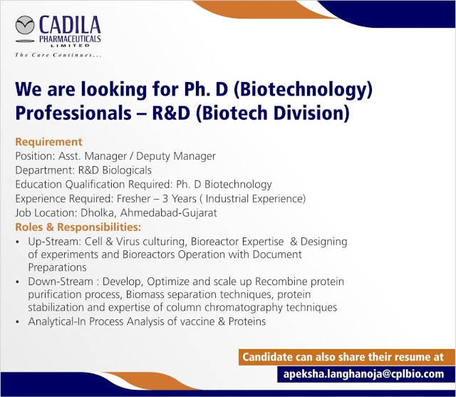 Job Availables, Cadila Pharmaceuticals Job Opening For Fresher and Experienced Ph.D Biotechnology Professionals - R and D Biotech Division