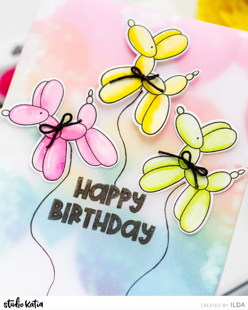 Happy Birthday, Balloons, Vellum, frameless Shaker, Card, Studio Katia,Mini Balloon Dog Stamp,Card Making, Stamping, Die Cutting, handmade card, ilovedoingallthingscrafty, Stamps, how to,