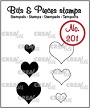 Mini clear-stempels (max 15 x 14 mm), 3 "open" harten en 3 "dichte" harten. Mini clear-stamps (max 15 x 14 mm), 3 "outline" hearts and 3 "solid" hearts.