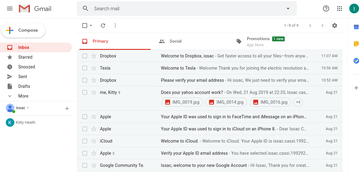 This image contains a screenshot of the logged-in gmail account, accessed using the value from the keychain. It shows the inbox of the gmail account, containing nine email messages.