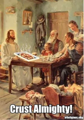 Funny Jesus Meme Picture - Crust Almighty! Jesus shares a crusty pizza with a family