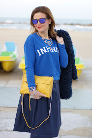 Blue faux fur jacket, Infinity sweatshirt, yellow Rebecca Minkoff M.A.C. clutch, Fashion and Cookies, fashion blogger