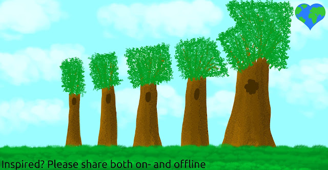 Drawing of trees increasing in sizes where the top of all trees together form an arrow pointing north east