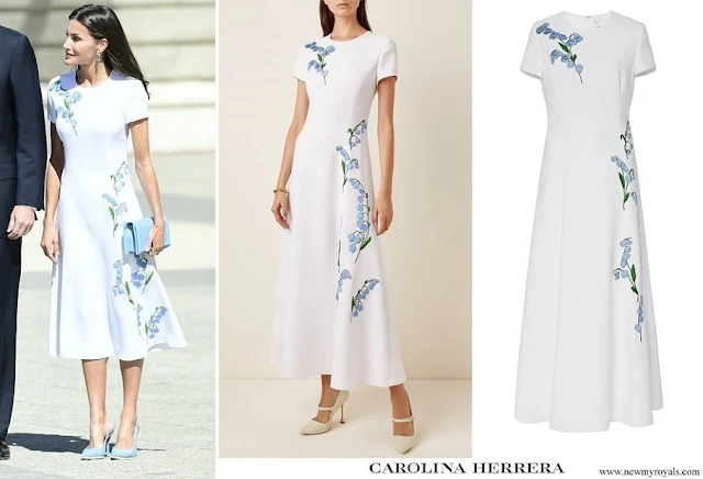 Queen Letizia wore Carolina Herrera Aline Embroidered Short Sleeve Dress