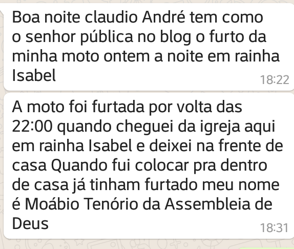 MORADOR DE RAINHA ISABEL TEM MOTO FURTADA ENQUANTO FOI ABRIR O PORTÃO DA GARAGEM