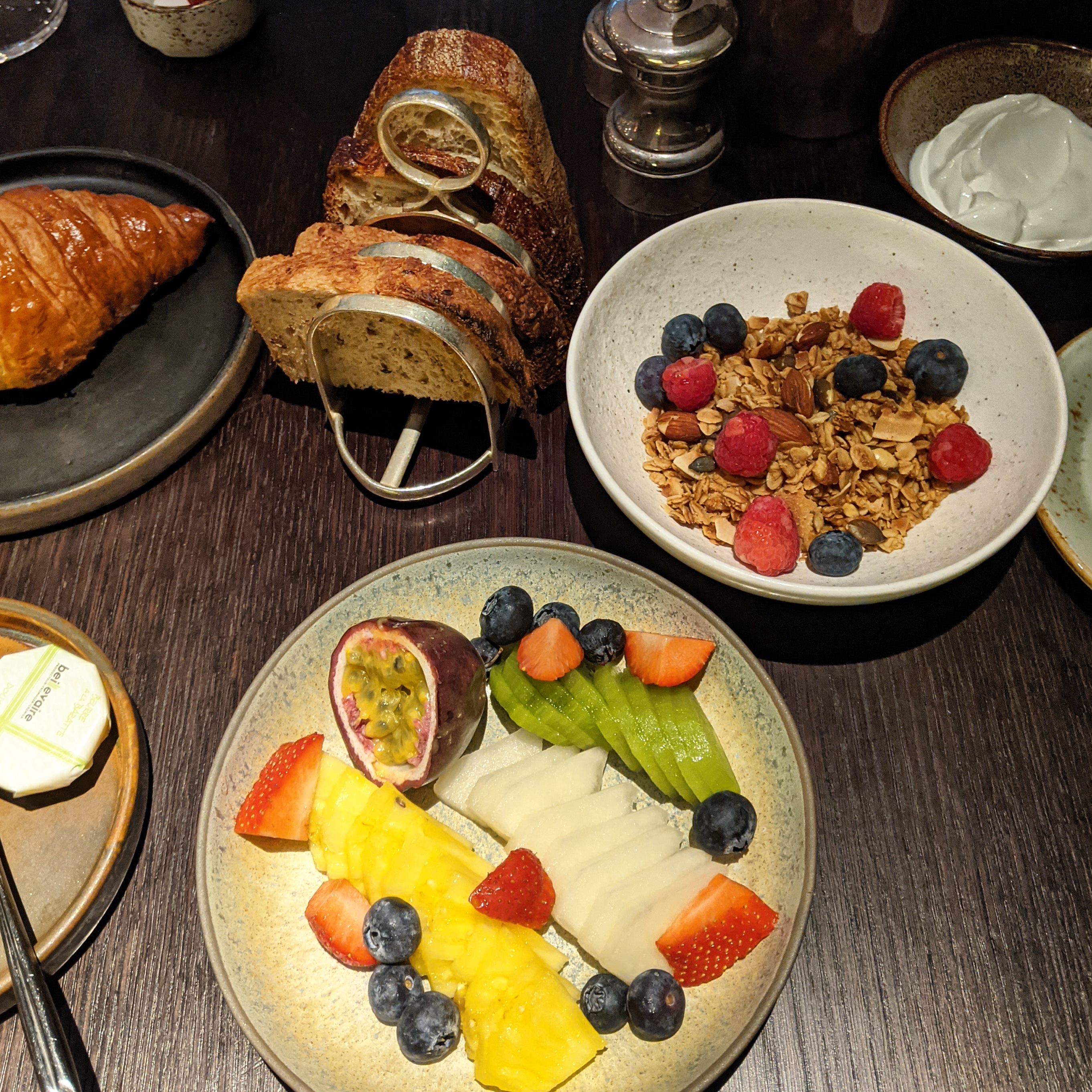 fruit plate and granola at the mandrake hotel in London
