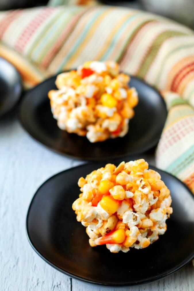 Halloween Treat Popcorn Balls on plates