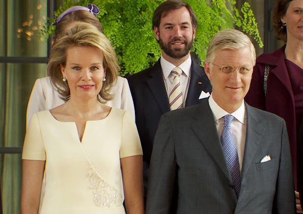 King Philippe and Queen Mathilde of Belgium welcome Hereditary Grand Duke Guillaume, Hereditary Grand Duchess Stephanie, Furst Nikolaus