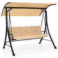 3-Seat Porch Swing w/ 0-240° Canopy & Steel Frame & Cushion Outdoor Beige
