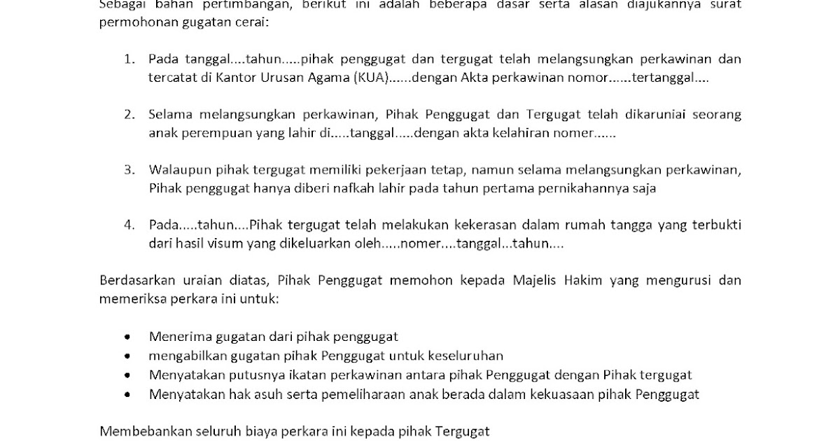 Contoh Surat Gugatan Cerai yang Benar