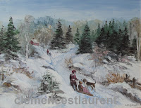 The Family At the Cottage, 11 x 14 oil on canvas by Clemence St. Laurent - children with their dog and sled in the winter countryside