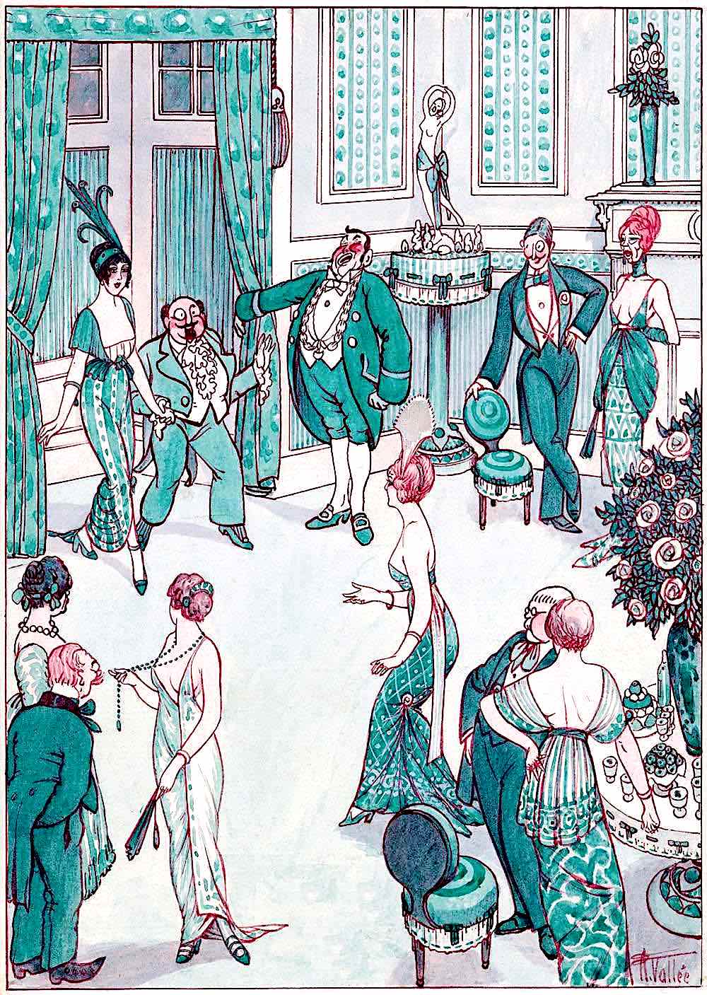 an Armand Vallée illustration of a couple entering a high society party and being announced