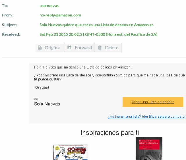 Uso de Mailinator primer mensaje desde Amazon