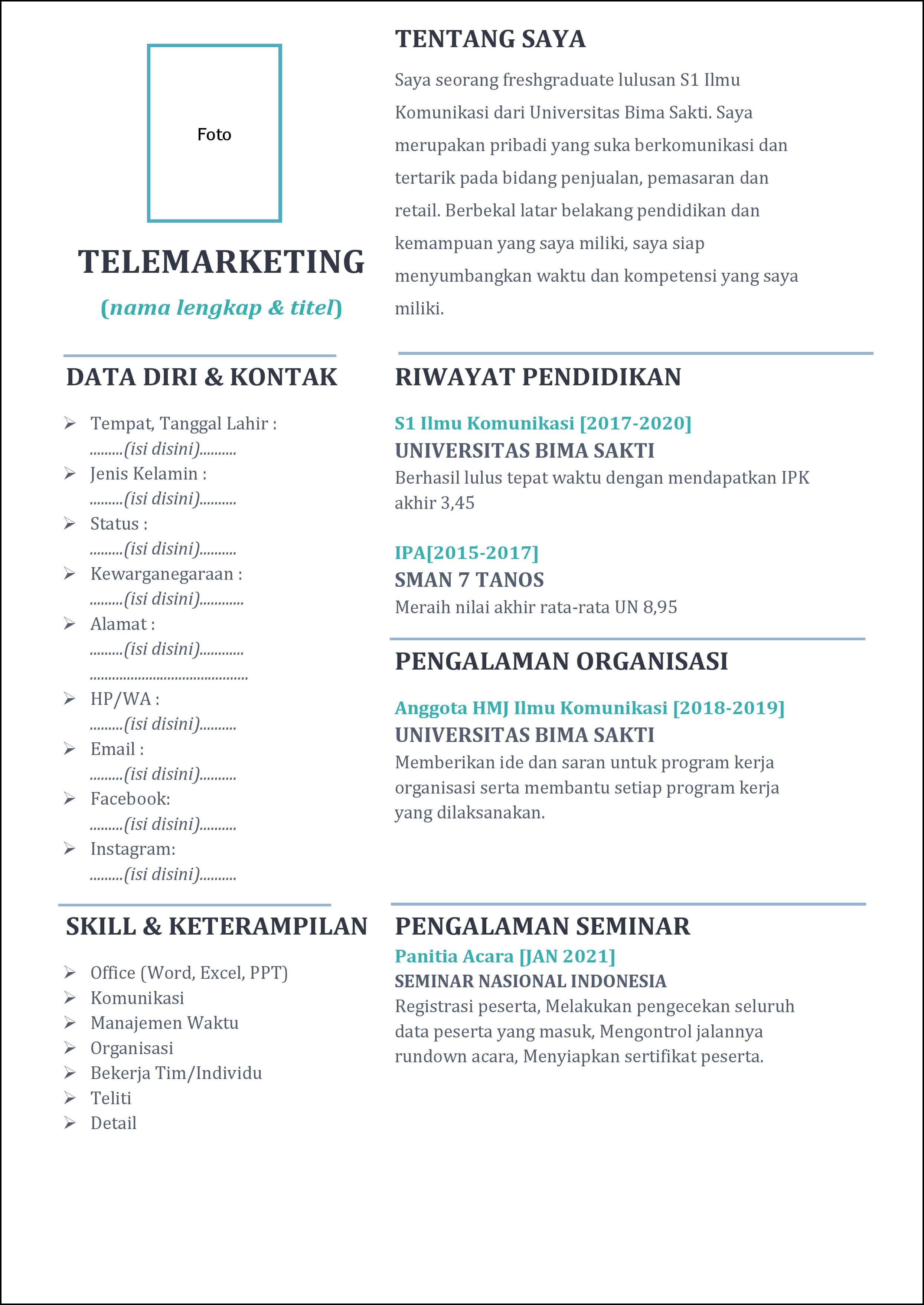 contoh 1 daftar riwayat hidup telemarketing untuk fresh graduate