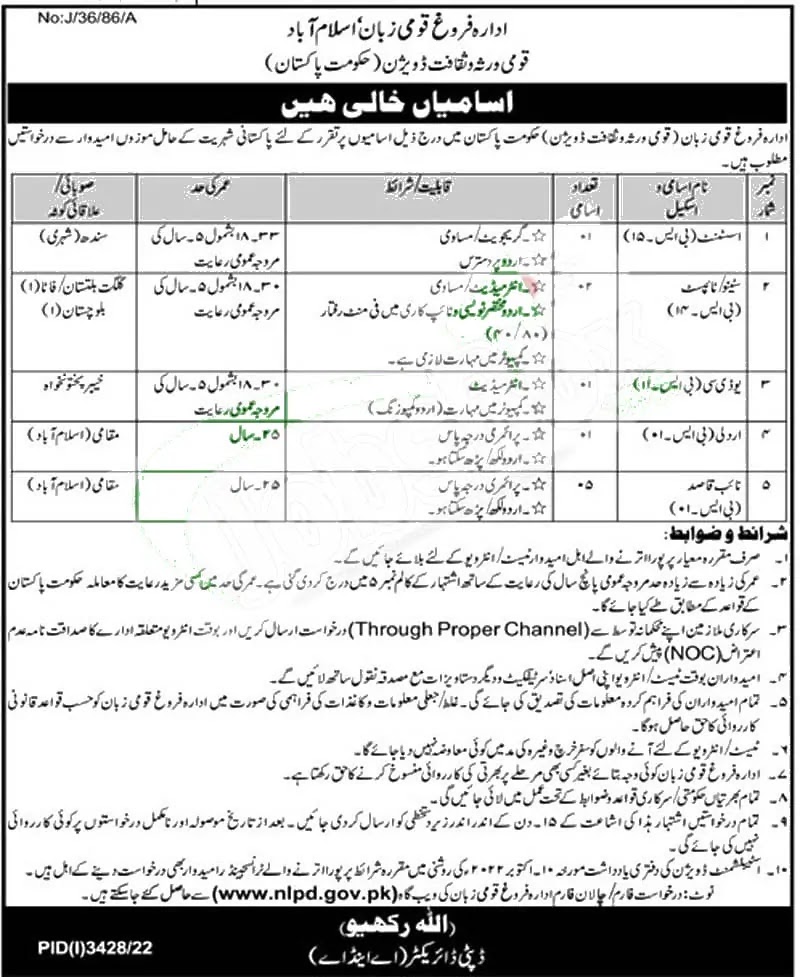 New Govt Jobs in National Language Promotion Department 2022